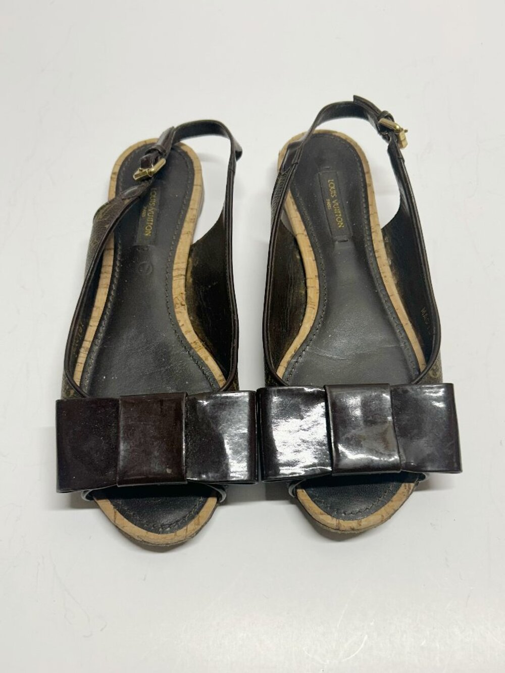 Louis Vuitton Dark Brown Patent Leather Bow Slingback Sandals